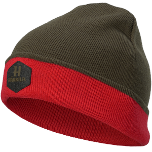 Harkila Driven Hunt Reversible beanie hat in green and a red hi-vis band Harkila Driven Hunt Reversible beanie hat in green and a red hi-vis band