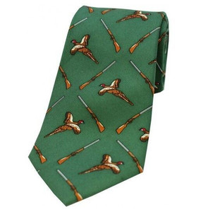 Soprano Country Silk Tie, a green coloured silk tie with a pheasant and gun pattern Soprano Country Silk Tie, a green coloured silk tie with a pheasant and gun pattern