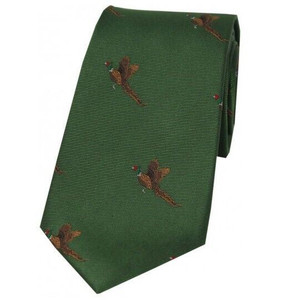 Soprano Silk Tie in green with flying pheasants pattern for shooting Soprano Silk Tie in green with flying pheasants pattern for shooting