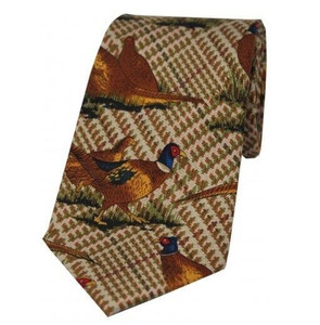 Soprano country style silk tie, tweed background with pheasant pattern Soprano country style silk tie, tweed background with pheasant pattern