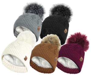 Bartleby Sherpa Fleece Lined Ladies Bobble Hat. Knitted hat
