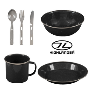 Highlander Deluxe Camping Enamel Set in black, enamel bowl, plate, mug and cutlery set Highlander Deluxe Camping Enamel Set in black, enamel bowl, plate, mug and cutlery set