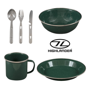Highlander Deluxe Camping Enamel Set in green, enamel bowl, plate, mug and cutlery set Highlander Deluxe Camping Enamel Set in green, enamel bowl, plate, mug and cutlery set
