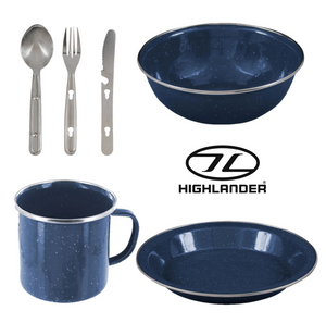 Highlander Deluxe Camping Enamel Set in navy, enamel bowl, plate, mug and cutlery set Highlander Deluxe Camping Enamel Set in navy, enamel bowl, plate, mug and cutlery set