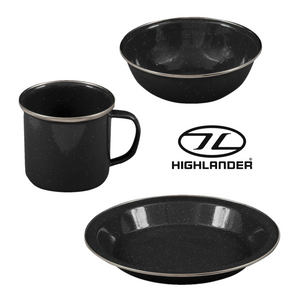 Highlander Deluxe Camping Enamel Set in black, enamel bowl, plate and mug