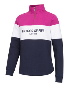 Hoggs Of Fife ladies dumfries 1/4 zip sweatshirt in Berry/White/Navy, polycotton jumper.