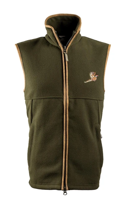 Jack Pyke Countryman Gilet in Dark Olive with embroidered pheasant motif, men's country fleece gilet for shooting