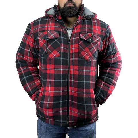 Game Richmond sherpa fleece lined shirt in Red check, men's fleece lined shirt with hood