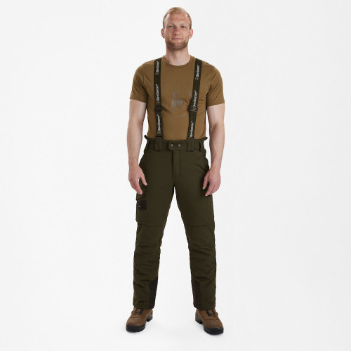 deerhunter muflon trousers in art green, waterproof and breathable trousers with detachable braces