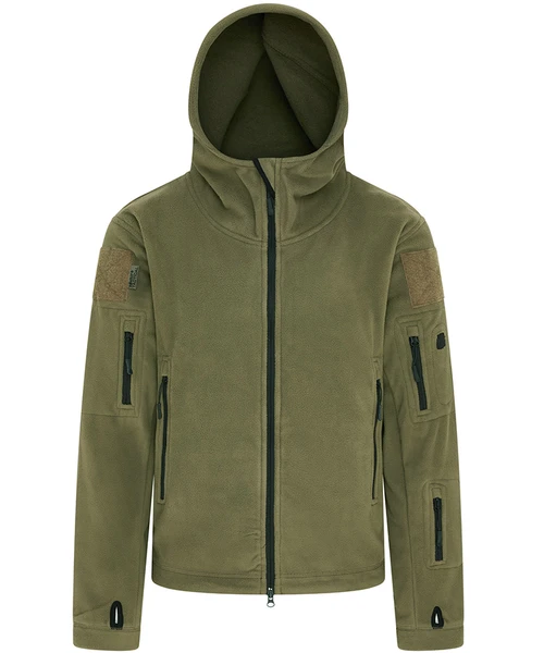 Kombat UK tactical recon fleece hoodie in olive green, men's full zip thick fleece with hood and Velcro patches