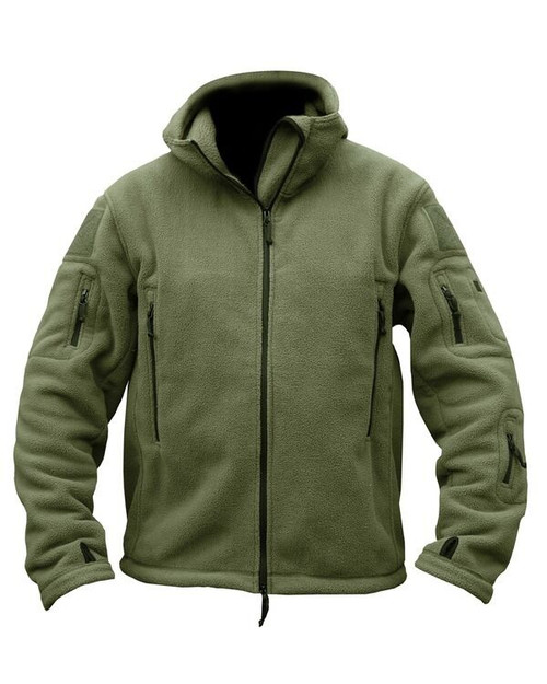 Kombat UK tactical recon fleece hoodie in olive green, men's full zip thick fleece with hood and Velcro patches