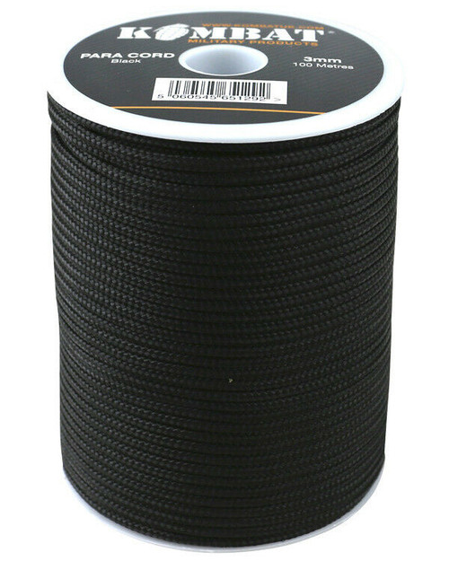 Kombat UK paracord on a 100 metre reel in black, 3mm x 100m