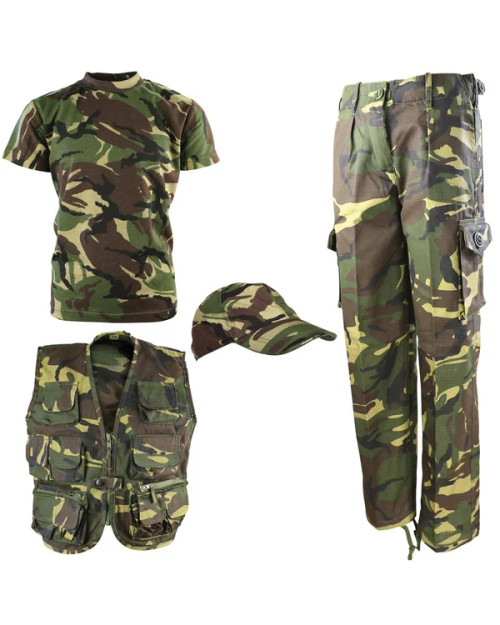 Kombat UK children's explorer kit in DPM camouflage, kid's camo set including t shirt, trousers, vest, and cap.
