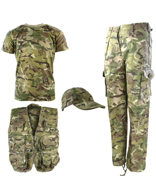 Kombat UK children's explorer kit in BTP camouflage, kid's camo set including t shirt, trousers, vest and cap.