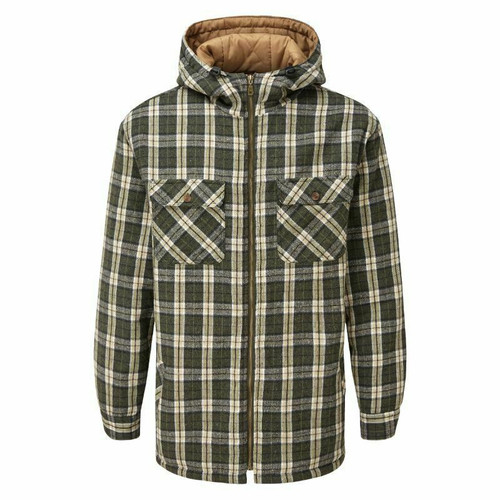Castle Clothing Fort Penarth Hooded shirt with fleece sherpa lining in green check pattern
