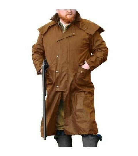 Game Wax Stockman Long Jacket in Tan, men's waterproof long wax coat
