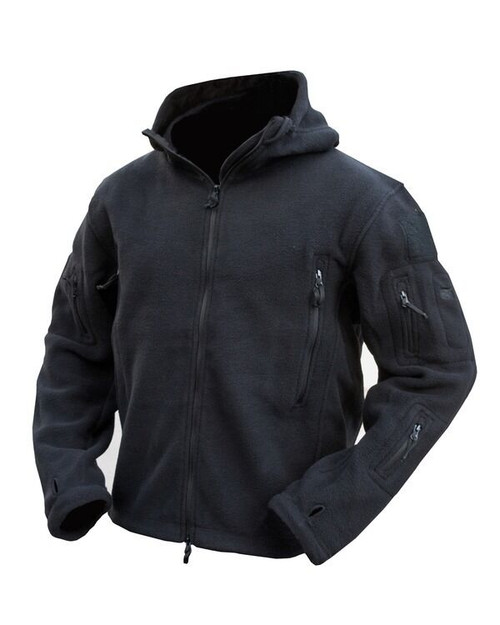 Kombat UK tactical recon fleece hoodie in black, men's full zip thick fleece with hood and Velcro patches