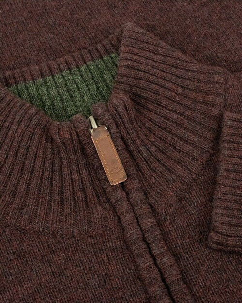 Hoggs of Fife Lothian Jumper in Redwood, men's zip neck knitted jumper