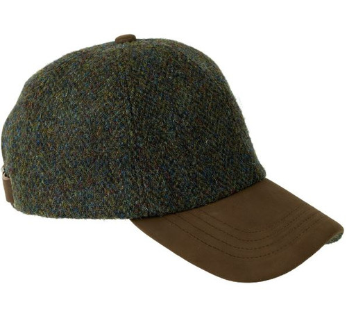 Heather Hats Harris Tweed baseball style cap in forest green tweed