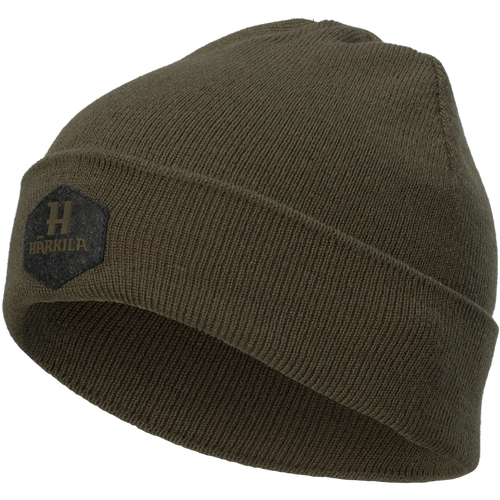 Harkila Driven Hunt Reversible beanie hat in green and a red hi-vis band