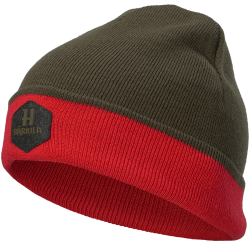 Harkila Driven Hunt Reversible beanie hat in green and a red hi-vis band