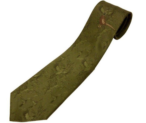 Bisley no.11 polyester tie with pheasant pattern in green