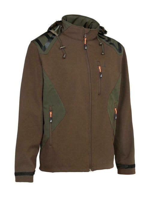 Percussion Softshell Jacket in green and brown, lightweight softshell jacket with waterproof and breathable membrane
