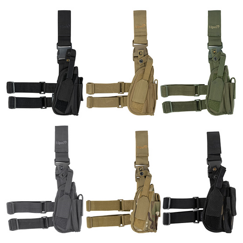 Viper Tactical Leg Holster right handed, with adjustable hook and loop strap on top. Available in colours Black, Coyote, Green, Titanium, V-Cam and V-Cam Black.