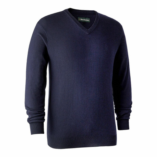 Deerhunter Kingston V Neck Knitted Jumper in Dark Blue, men's lightweight jumper for shooting