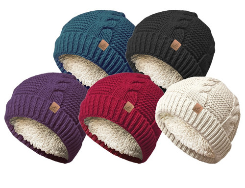 Bartleby ladies Sherpa lined beanie hat in cable knit