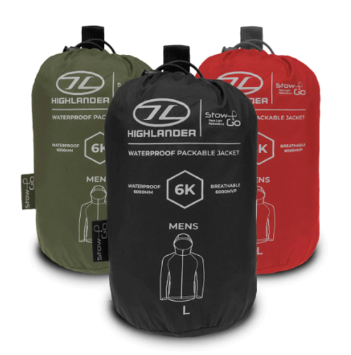 Highlander Stow & Go Packaway Jacket Black JAC077 Waterproof Lightweight Outdoor