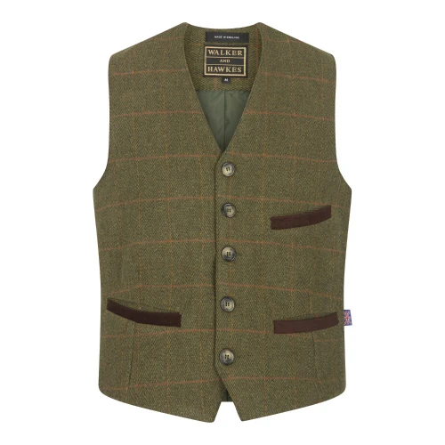Walker & Hawkes Men's Derby Tweed Alcott Waistcoat in Dark Sage, Men's smart tweed waistcoat
