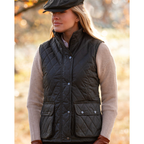 Walker & Hawkes Ladies Haxby Wax Diamond Quilted Gilet, women's wax waistcoat in green
