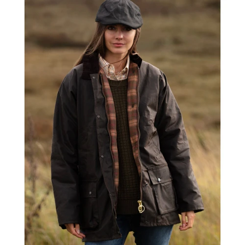 Walker & Hawkes Ladies Kirkstall Wax Padded Jacket in brown, women's waterproof wax shooting jacket