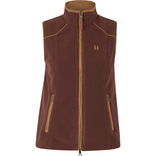 Harkila Lady Sandhem 200 Fleece Waistcoat in burgundy, features a wind-resistant lining.