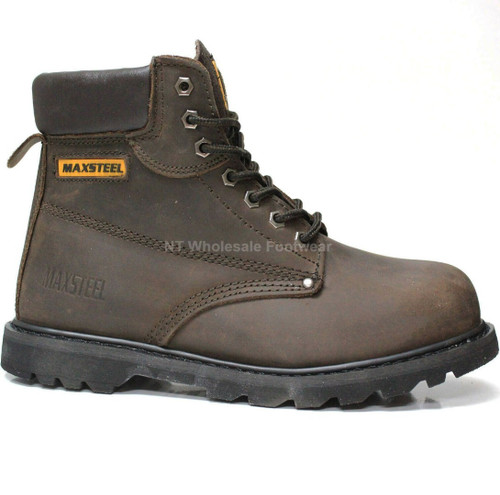 Maxsteel Safety Boots in crazy horse brown leather, men's steel toe cap work boots