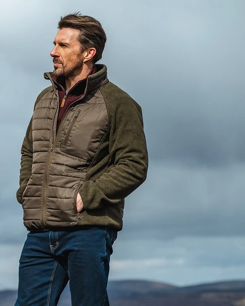 Hoggs of Fife Melville Hybrid Jacket in green, men's quilted country jacket