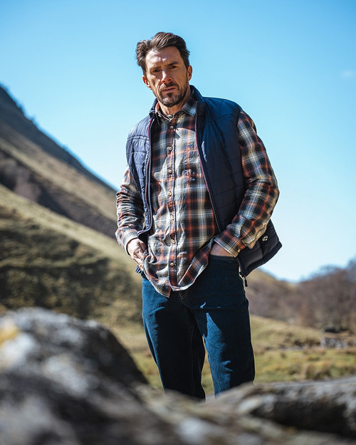 Hoggs of Fife Tiree Herringbone Check Shirt in Rust Olive Navy check, men's country check shirt