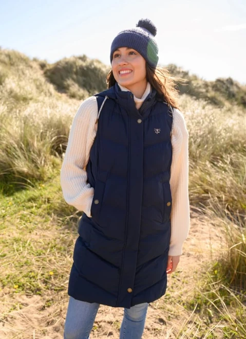 Lighthouse Ladies Savannah Long Gilet in Navy, women's long quilted bodywarmer