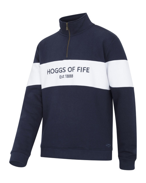 Hoggs Of Fife men's Dumfries 1/4 zip jumper in Navy/White, polycotton.