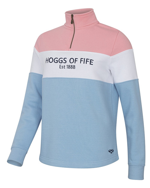 Hoggs Of Fife ladies Dumfries 1888 1/4 zip sweatshirt Pink/White/Blue, polycotton jumper.