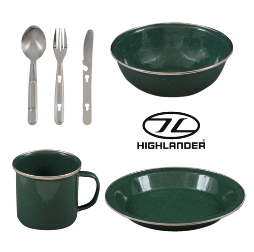 Highlander Deluxe Camping Enamel Set in green, enamel bowl, plate, mug and cutlery set