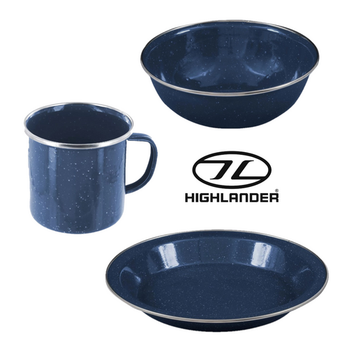 Highlander Deluxe Camping Enamel Set in navy, enamel bowl, plate and mug