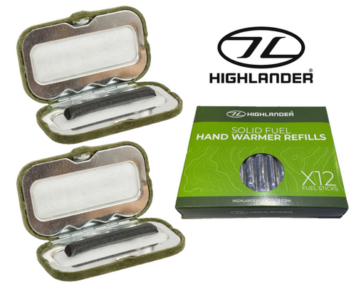 two Highlander Solid Fuel Handwarmers with 12 charcoal fuel refill sticks