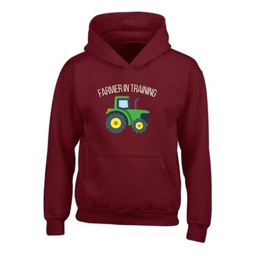 Children's Hooded Sweatshirt in maroon with 'Farmer in Training' motif