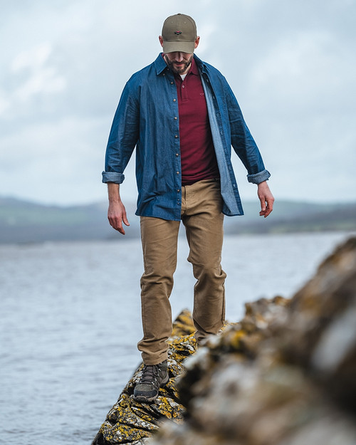 Hoggs Of Fife Archerfield Denim shirt in Dark Wash. Button down collar, 100% cotton soft denim.