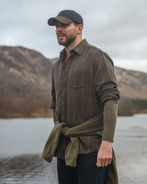 Hoggs Of Fife Harris Check long sleeve shirt, wool blend cotton shirt. Woven tweed effect.