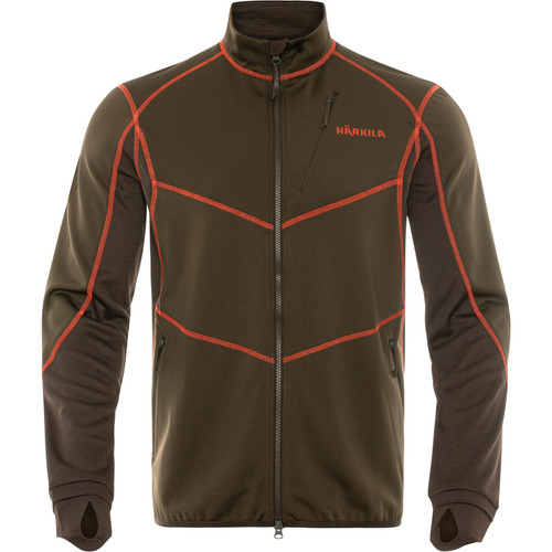 Harkila men's Scandinavian fleece jacket Willow Green / Shadow Brown. full zip, breathable jacket.