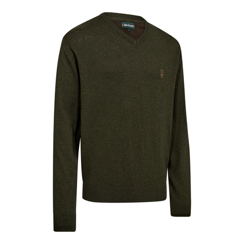 Deerhunter men's Harrington V-neck knit jumper in Forest Ember, Merino Wool.