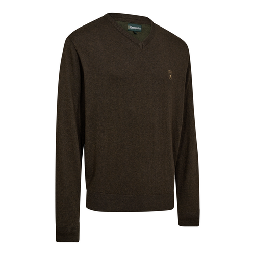 Deerhunter men's Harrington V-neck jumper in Brown Melange, merino wool.